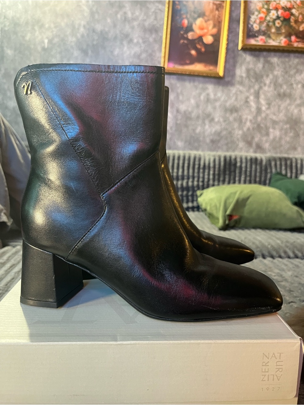 Naturalizer Black Leather Ankle Boots with Block Heel
